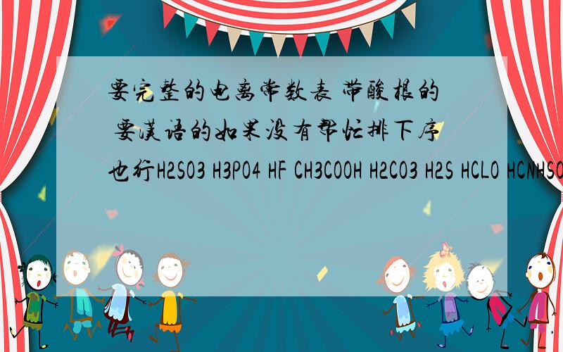 要完整的电离常数表 带酸根的 要汉语的如果没有帮忙排下序也行H2SO3 H3PO4 HF CH3COOH H2CO3 H2S HCLO HCNHSO3- H2PO4- HPO42- HCO3- HS- HALO2 HCOOH 比较电离常数大小