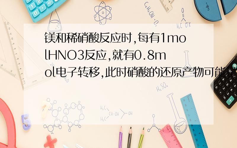 镁和稀硝酸反应时,每有1molHNO3反应,就有0.8mol电子转移,此时硝酸的还原产物可能是